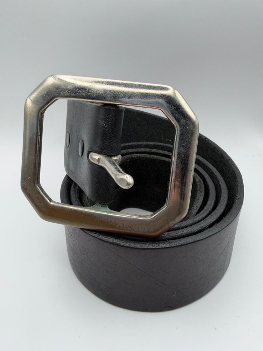 Black Leather Belt Large Silver Rectangular Buckle Wide